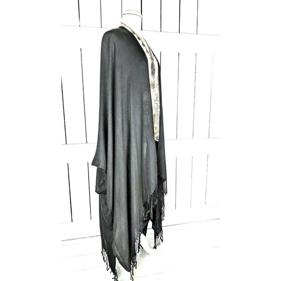 Black solid pashmina kimono cover up fringe jacket - Picture 2 of 4